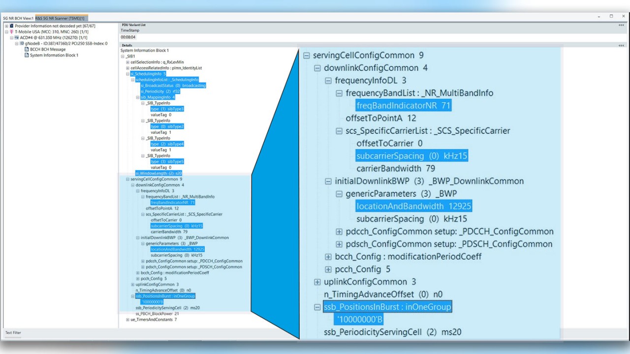 Figure 2: decoded system information block type 1 (SIB1) for 5G NR carrier in frequency band n71