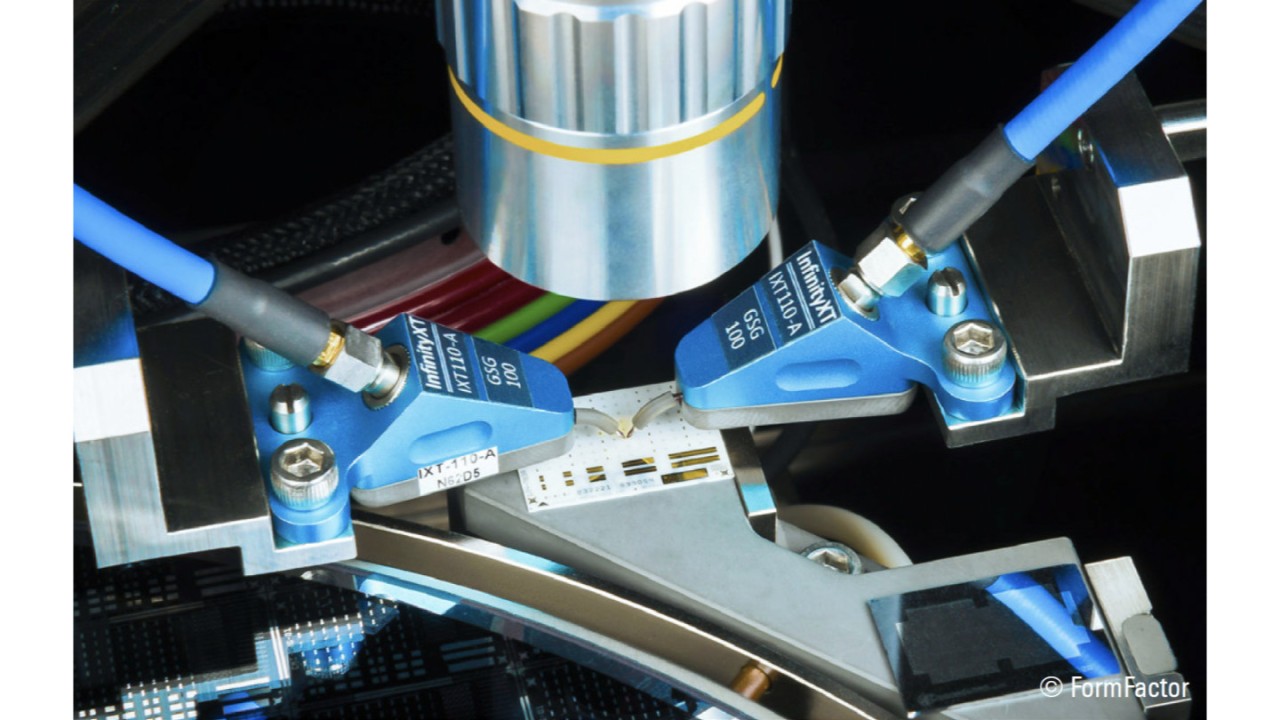 FormFactor InfinityXT RF probes contacting a standard on a calibration substrate.