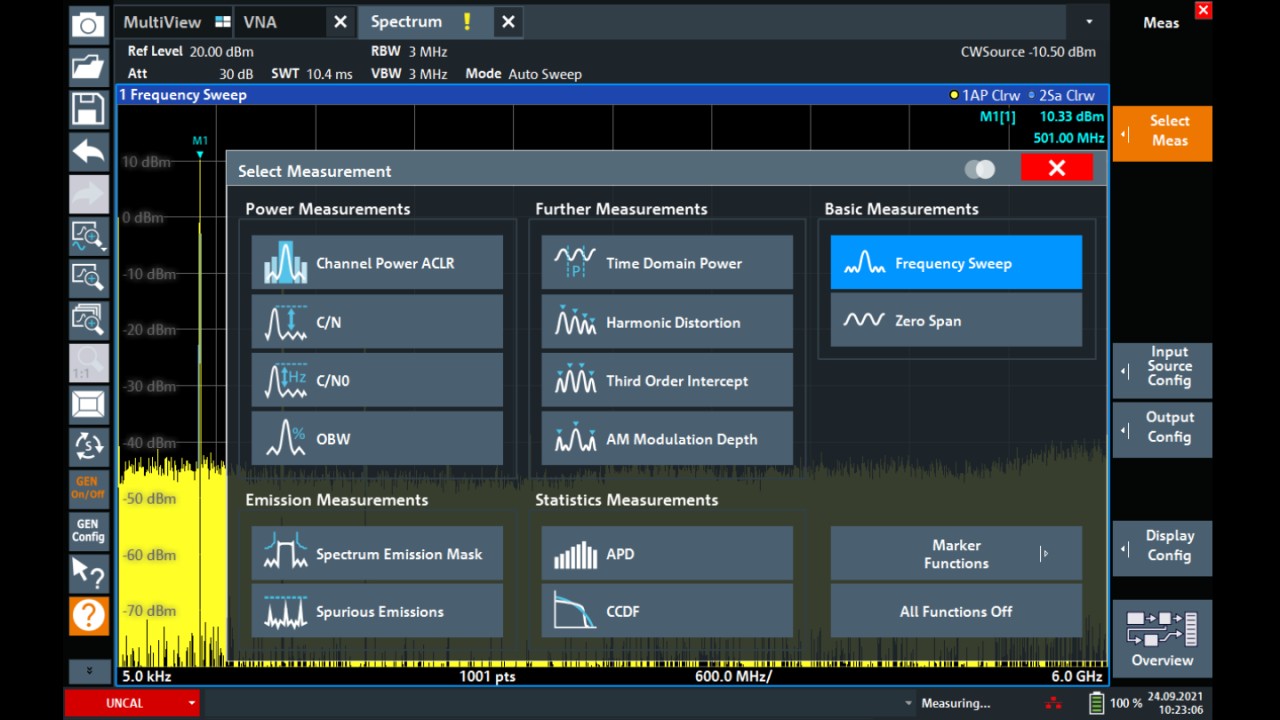 Choice of spectrum analyzer measurements. This menu is accessible by pushing the “Meas” button when in spectrum analysis mode.