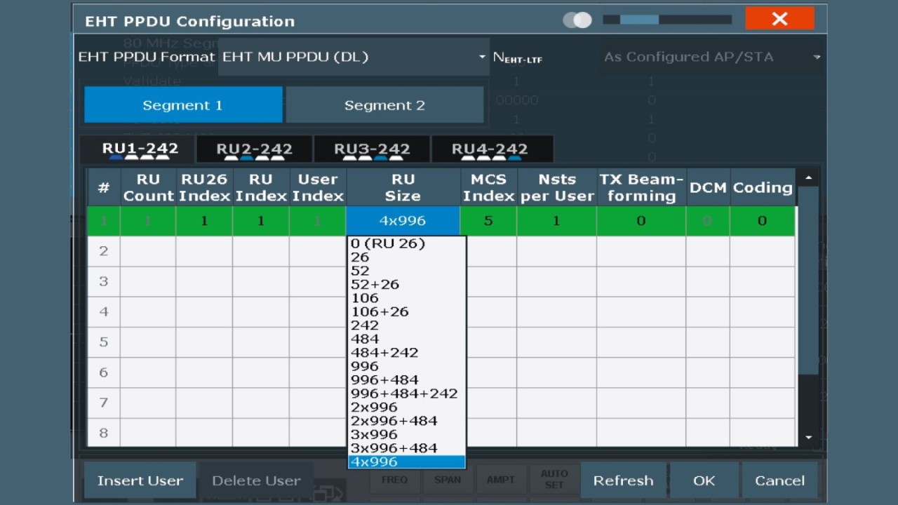 Menu for manual resource unit allcoation and user-specific indices