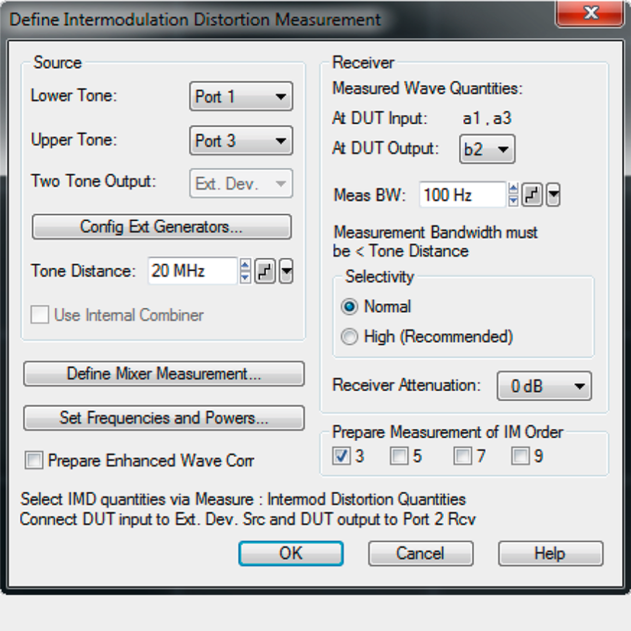 ZVA intermodulation measurement configuration menu